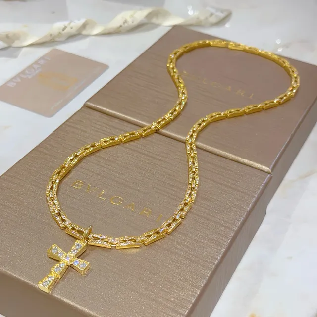 Bvlgari Gold-Tone Pavé-Set Cross Pendant Necklace 4