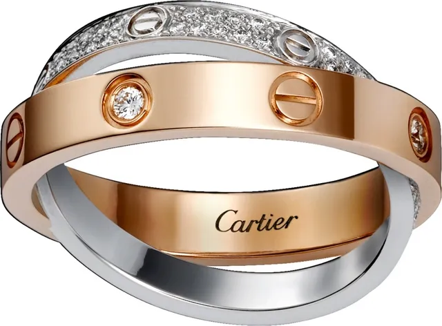 Anéis Cartier Love de dupla banda com motivo de parafuso pavimentados com diamantes em ouro de duas cores 6