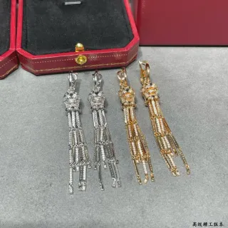 Cartier Panthère de রৌপ্য সোনা মুকুট-শীর্ষিত পান্থার মাথা Pavé টাসেল ফ্রিঞ্জ ইয়াররিংস