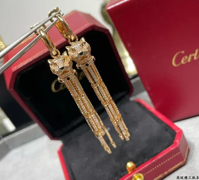 Cartier Panthère de রৌপ্য সোনা মুকুট-শীর্ষিত পান্থার মাথা Pavé টাসেল ফ্রিঞ্জ ইয়াররিংস 3