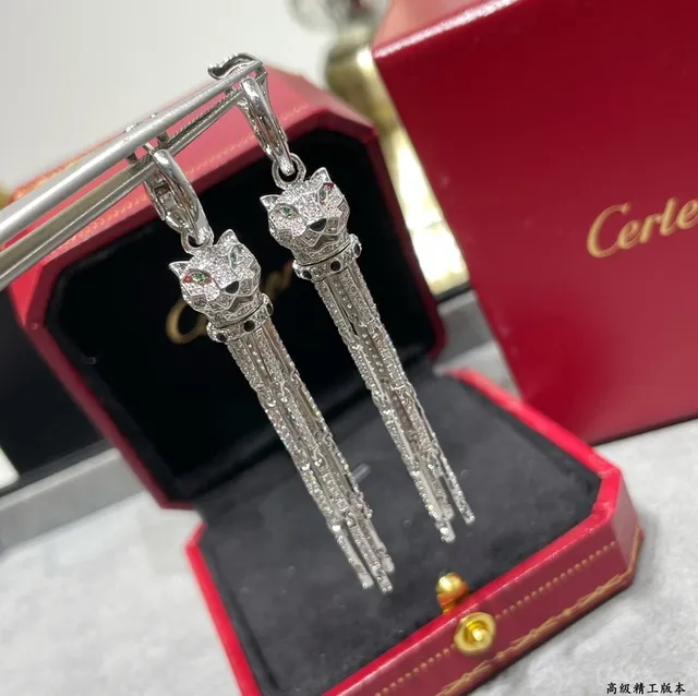 Cartier Panthère de রৌপ্য সোনা মুকুট-শীর্ষিত পান্থার মাথা Pavé টাসেল ফ্রিঞ্জ ইয়াররিংস 4