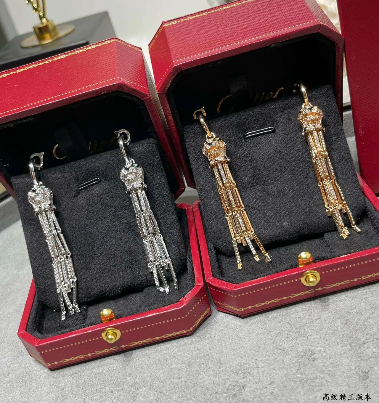 Cartier Panthère de রৌপ্য সোনা মুকুট-শীর্ষিত পান্থার মাথা Pavé টাসেল ফ্রিঞ্জ ইয়াররিংস 5