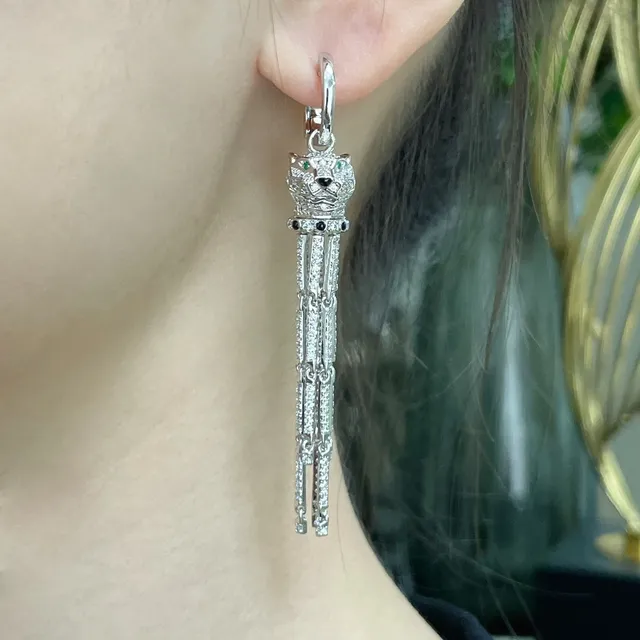 Cartier Panthère de রৌপ্য সোনা মুকুট-শীর্ষিত পান্থার মাথা Pavé টাসেল ফ্রিঞ্জ ইয়াররিংস 8