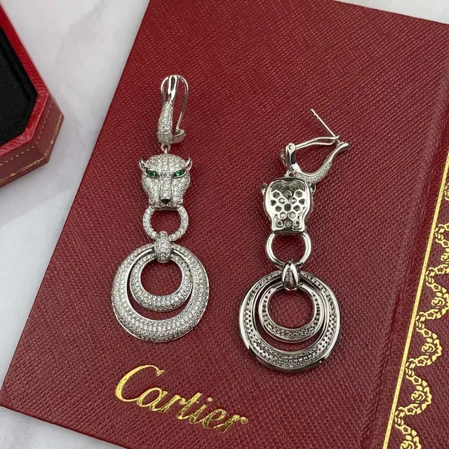 Cartier Panthère Panther Head Pavé Diamond Green Eye Earrings 3