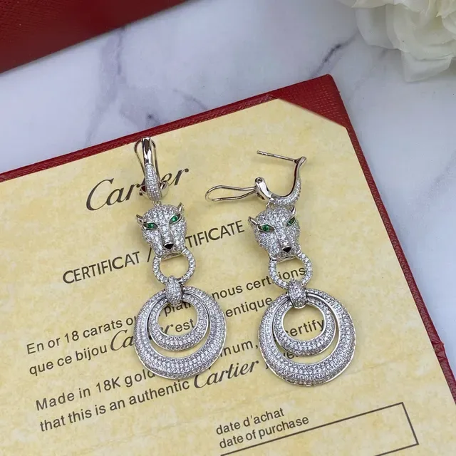 Cartier Panthère Panther Head Pavé Diamond Green Eye Earrings 6