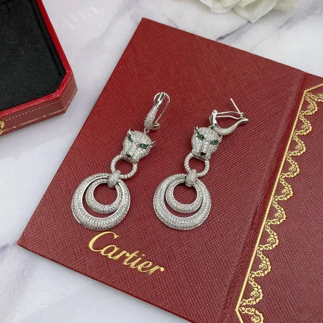Cartier Panthère Panther Head Pavé Diamond Green Eye Earrings 8