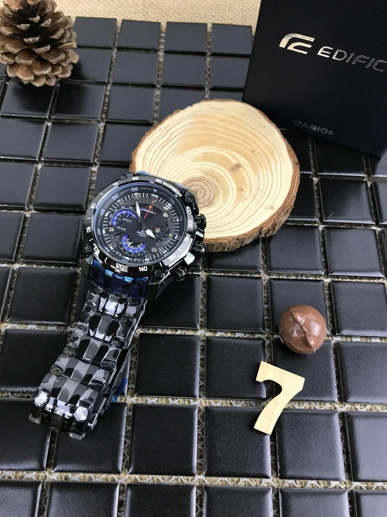Casio Edifice Black Blue Ion-Plated Case Subdials Watch 4