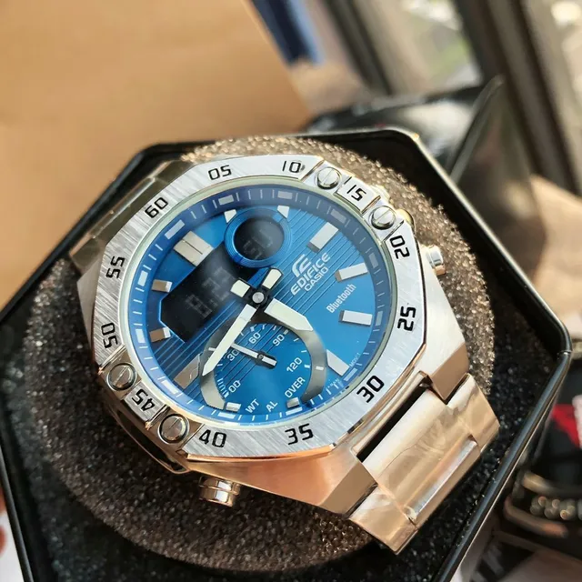 Casio Edifice Bleu Argent Octogonal Brossé Acier Inoxydable Boîtier Affichage Hybride Analogique-Digital Montre Sport 1