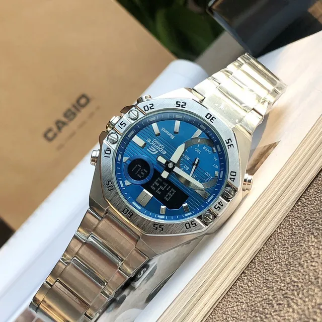 Casio Edifice Bleu Argent Octogonal Brossé Acier Inoxydable Boîtier Affichage Hybride Analogique-Digital Montre Sport 2