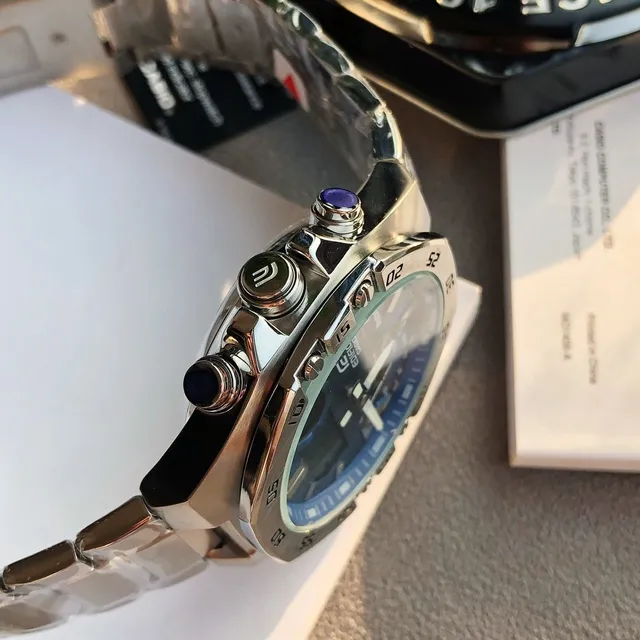 Casio Edifice Bleu Argent Octogonal Brossé Acier Inoxydable Boîtier Affichage Hybride Analogique-Digital Montre Sport 4