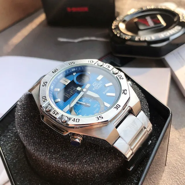 Casio Edifice Bleu Argent Octogonal Brossé Acier Inoxydable Boîtier Affichage Hybride Analogique-Digital Montre Sport 5