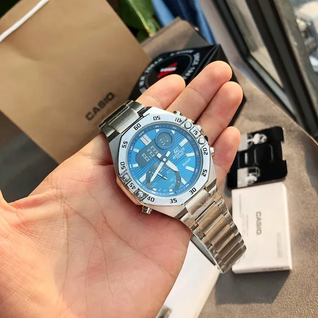 Casio Edifice Bleu Argent Octogonal Brossé Acier Inoxydable Boîtier Affichage Hybride Analogique-Digital Montre Sport 6