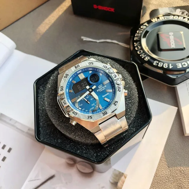 Casio Edifice Bleu Argent Octogonal Brossé Acier Inoxydable Boîtier Affichage Hybride Analogique-Digital Montre Sport 7
