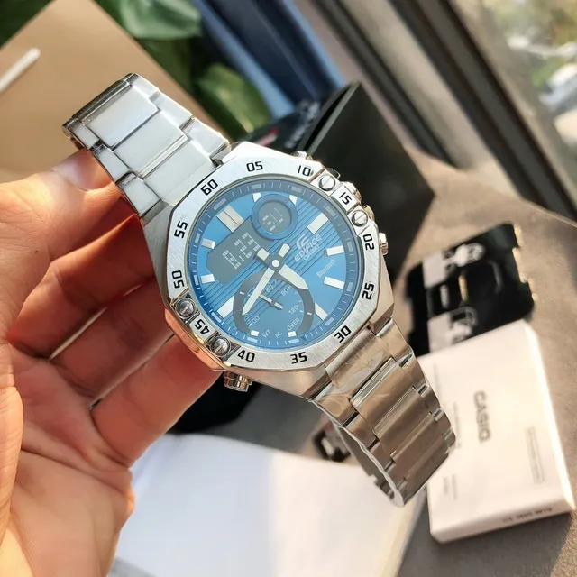 Casio Edifice Bleu Argent Octogonal Brossé Acier Inoxydable Boîtier Affichage Hybride Analogique-Digital Montre Sport 8
