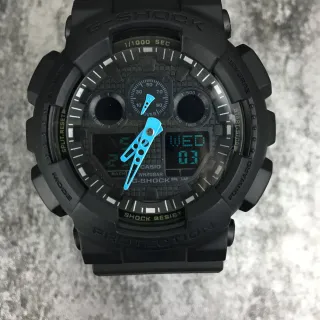 Casio G-Shock GA-100 黑色蓝色哑光树脂构造 粗犷 模拟-数字混合表盘 手表