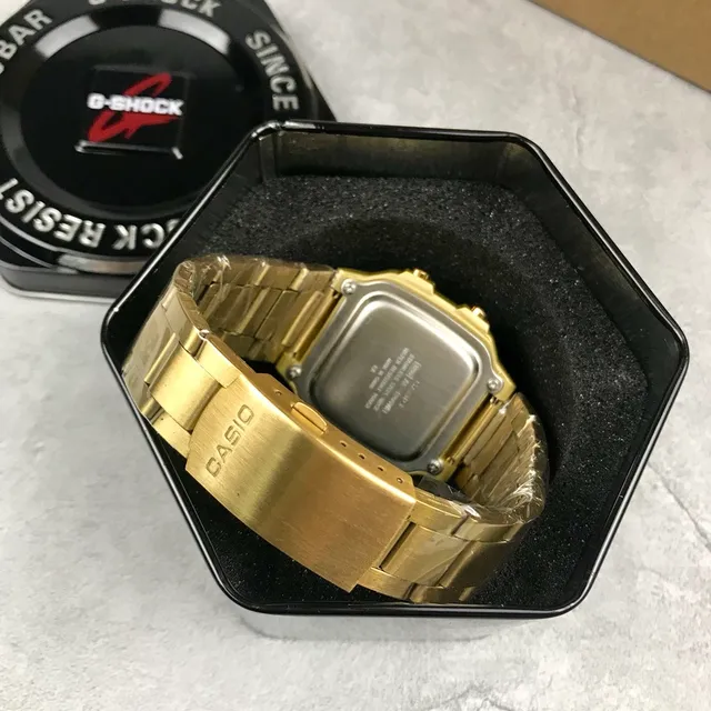 Casio 金黑不锈钢方形数模混合石英腕表 2