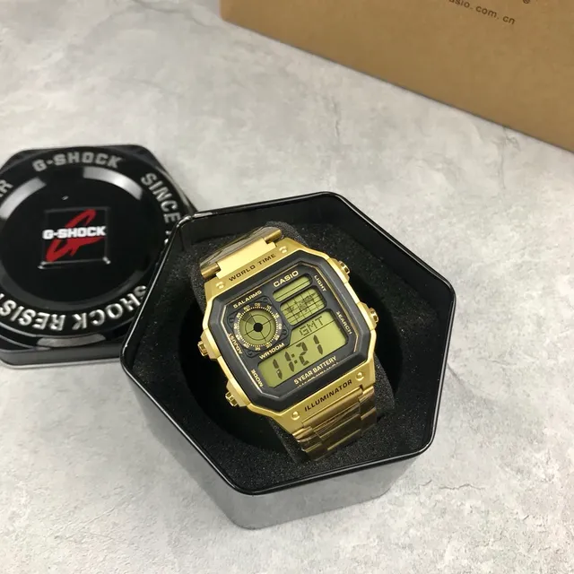 Casio 金黑不锈钢方形数模混合石英腕表 4