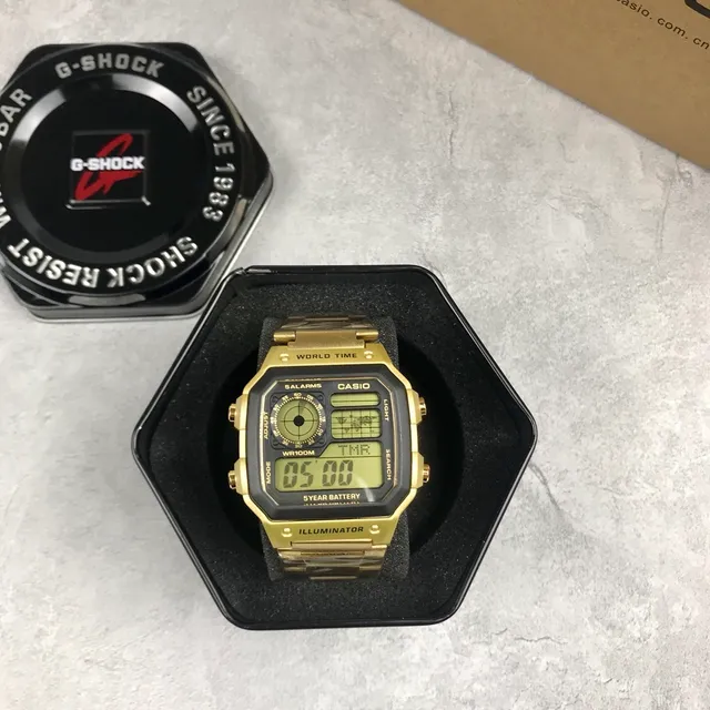 Casio 金黑不锈钢方形数模混合石英腕表 5