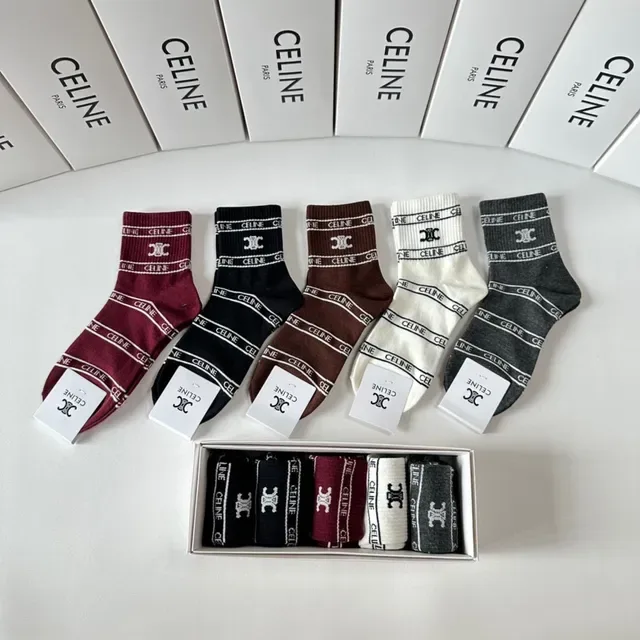 Celine বার্গন্ডি কালো লোগো-ব্যান্ড কাফ রিবড নিট মোজা 3