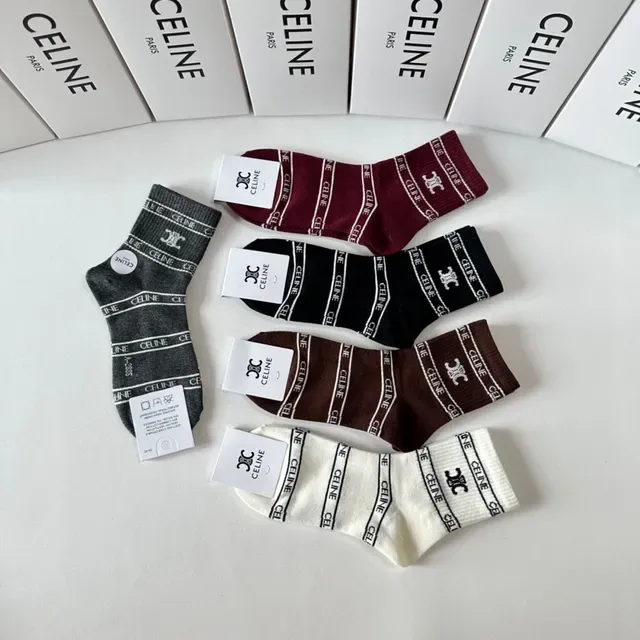 Celine বার্গন্ডি কালো লোগো-ব্যান্ড কাফ রিবড নিট মোজা 6