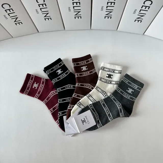Celine বার্গন্ডি কালো লোগো-ব্যান্ড কাফ রিবড নিট মোজা 7