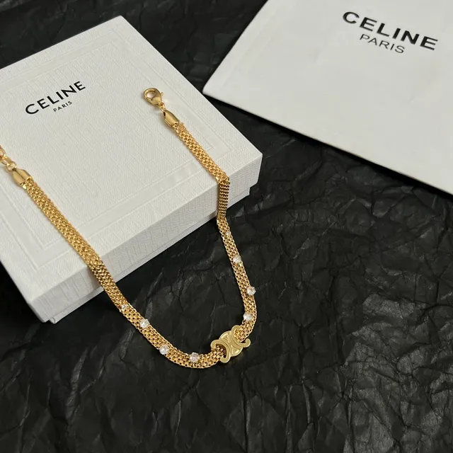Celine Triomphe تشوكر شبكي شفاف ذهبي مزين بكريستال 6