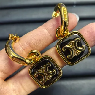 Celine Triomphe Square Black Enamel Gold-Tone Hoop Earrings