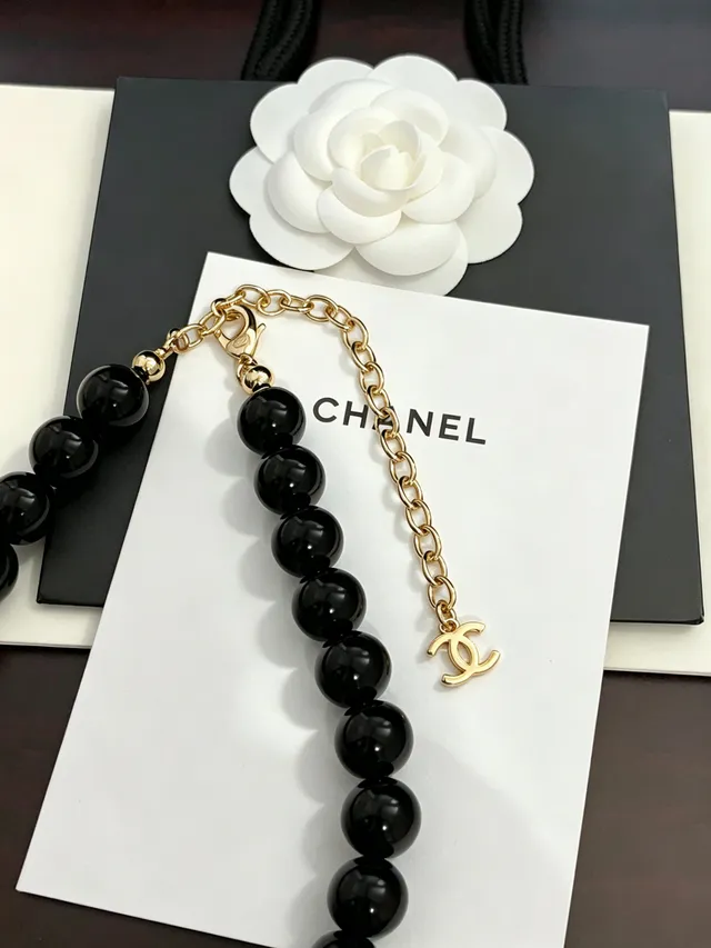 Chanel Black Gold Glossy Beaded CC Logo Accent Necklace 2