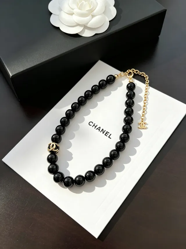 Chanel Black Gold Glossy Beaded CC Logo Accent Necklace 6