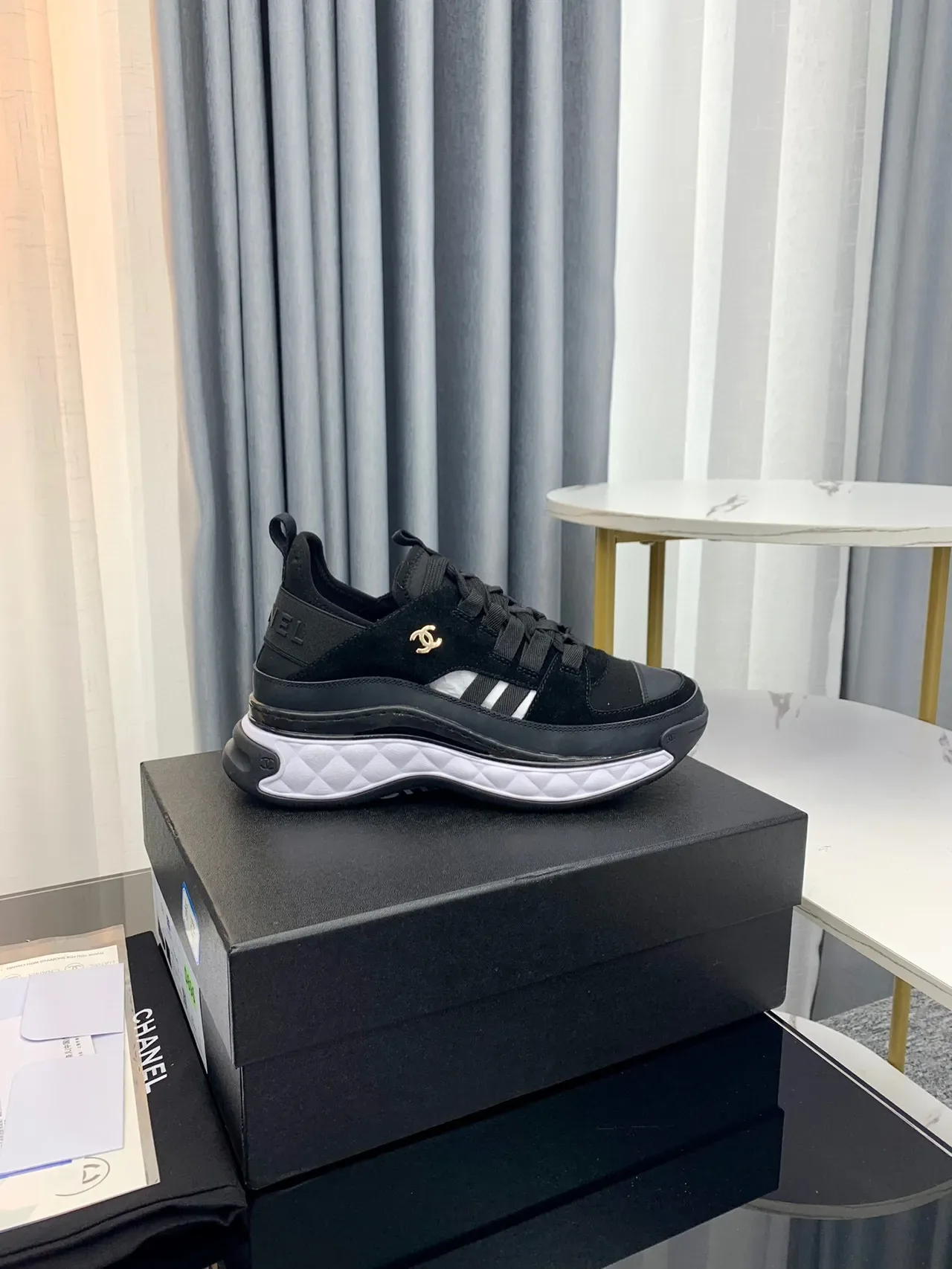 Chanel Black White Quilted Midsole Suede And Mesh Upper Chunky Sneakers 2