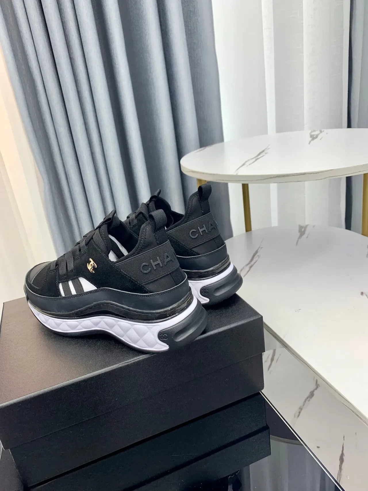 Chanel Black White Quilted Midsole Suede And Mesh Upper Chunky Sneakers 4