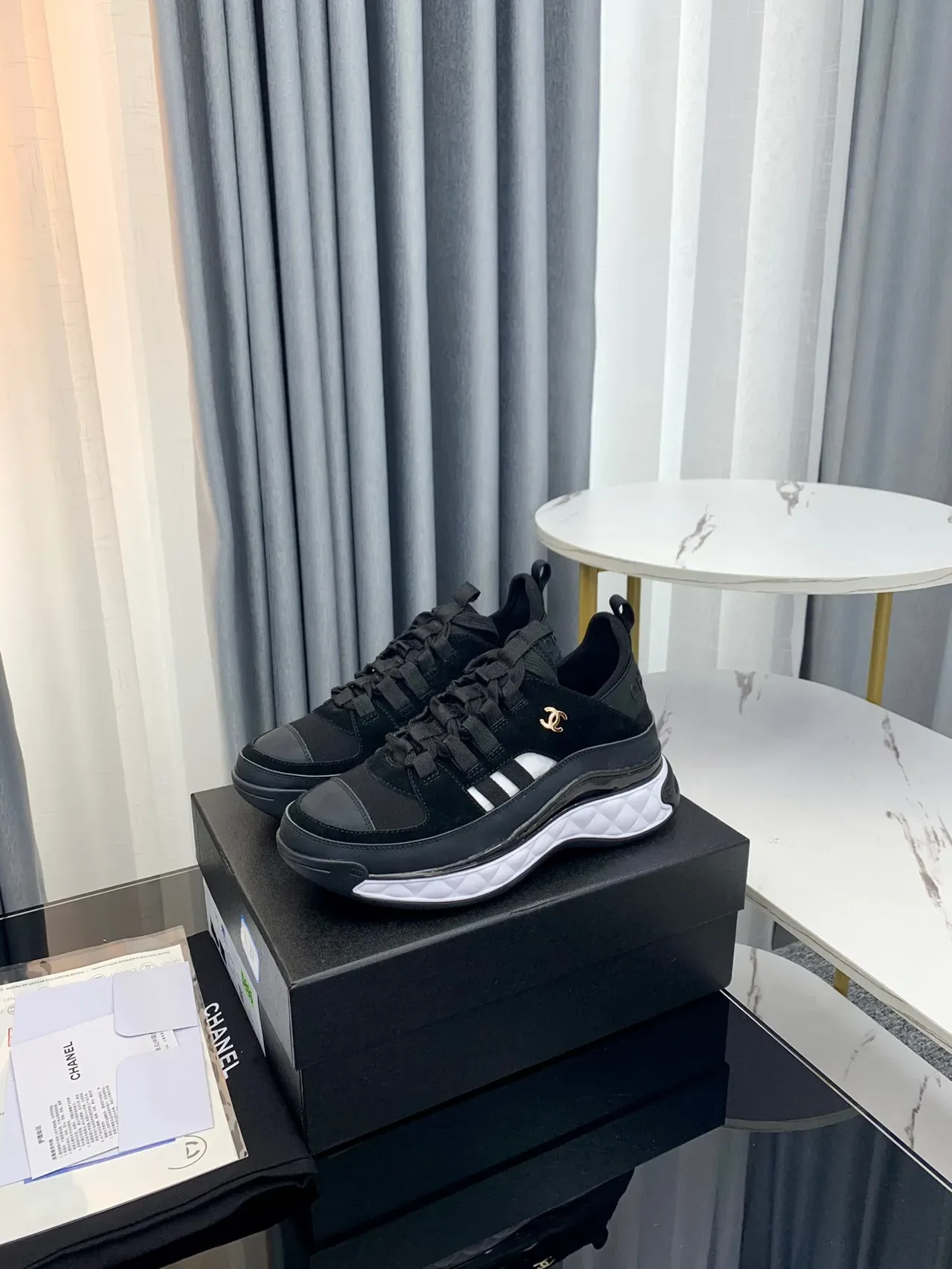 Chanel Black White Quilted Midsole Suede And Mesh Upper Chunky Sneakers 5