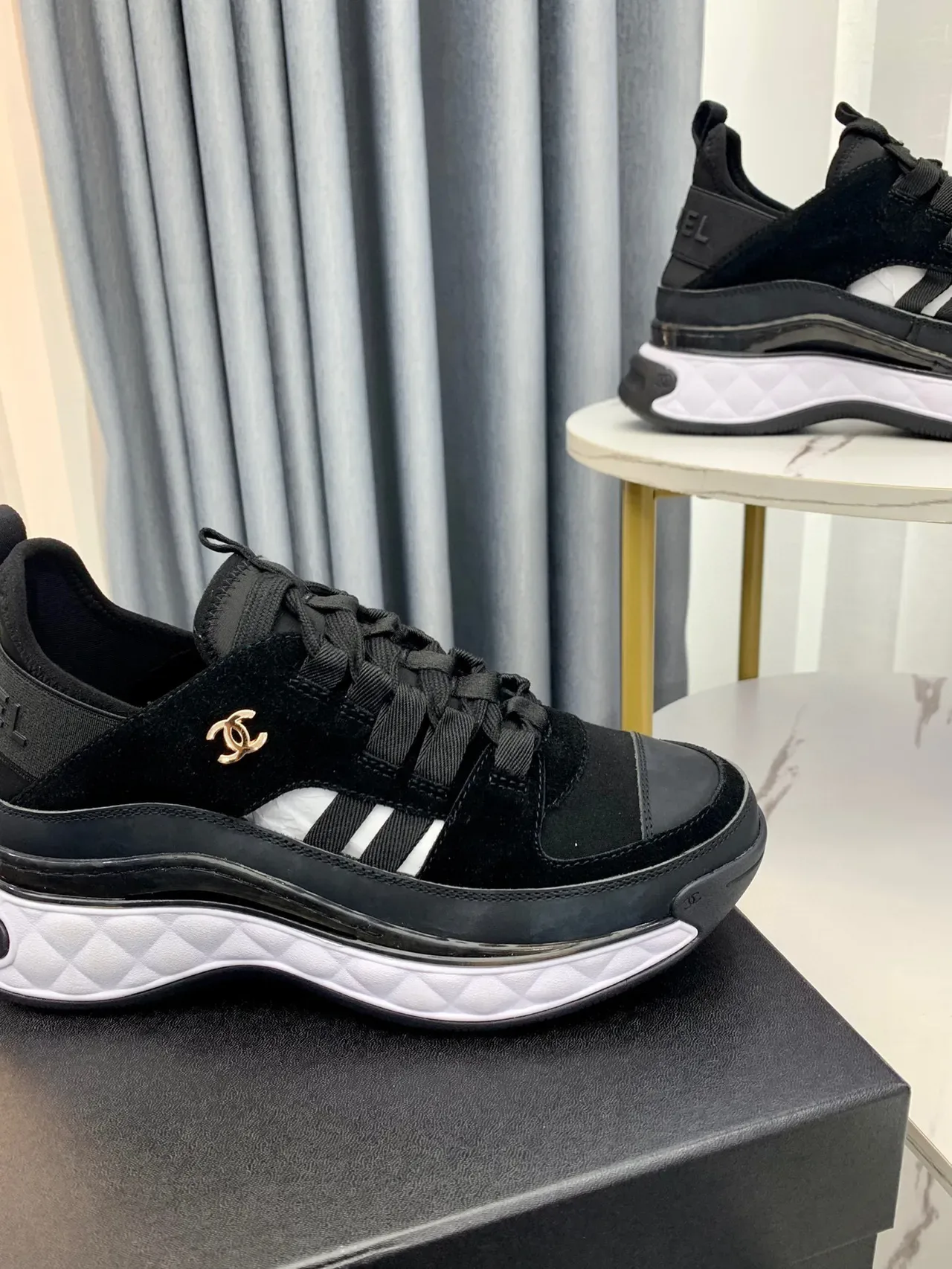 Chanel Black White Quilted Midsole Suede And Mesh Upper Chunky Sneakers 7