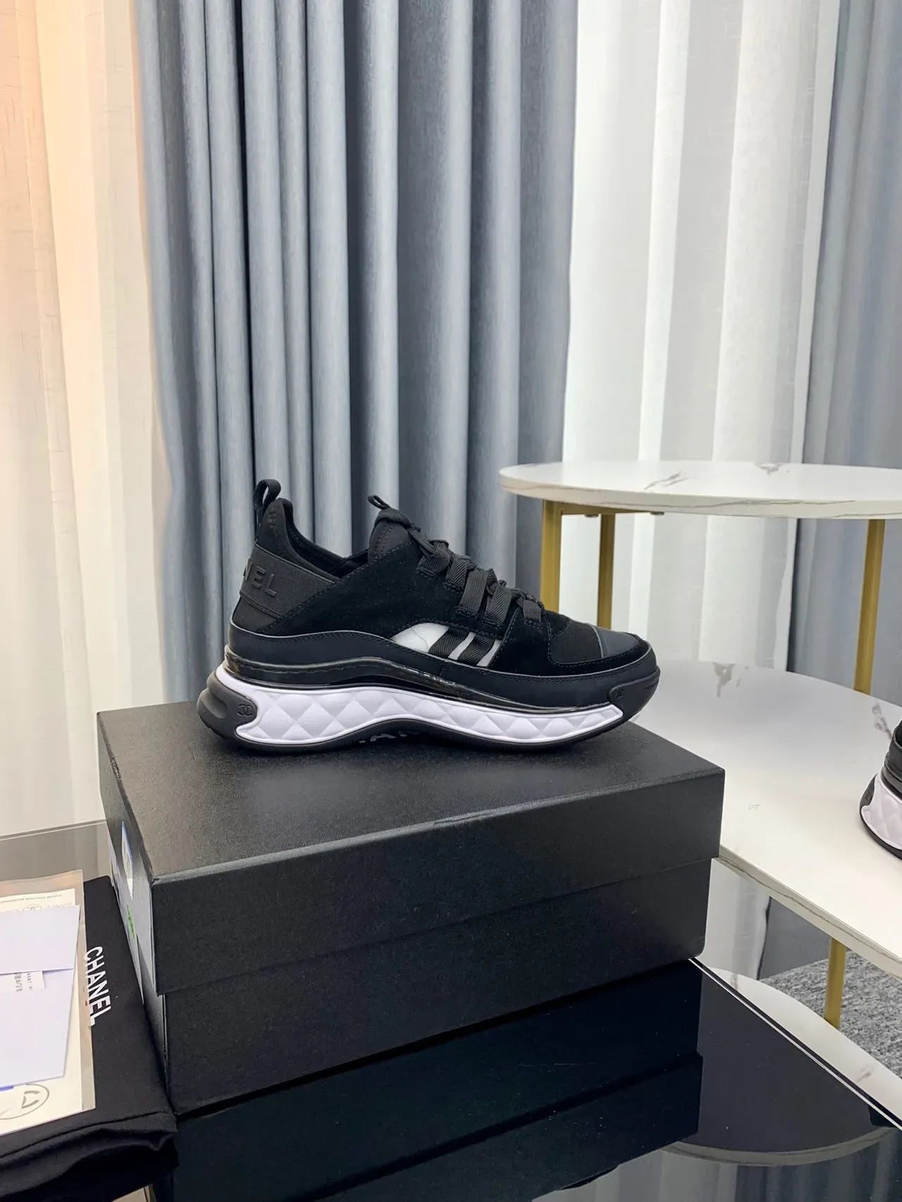 Chanel Black White Quilted Midsole Suede And Mesh Upper Chunky Sneakers 8