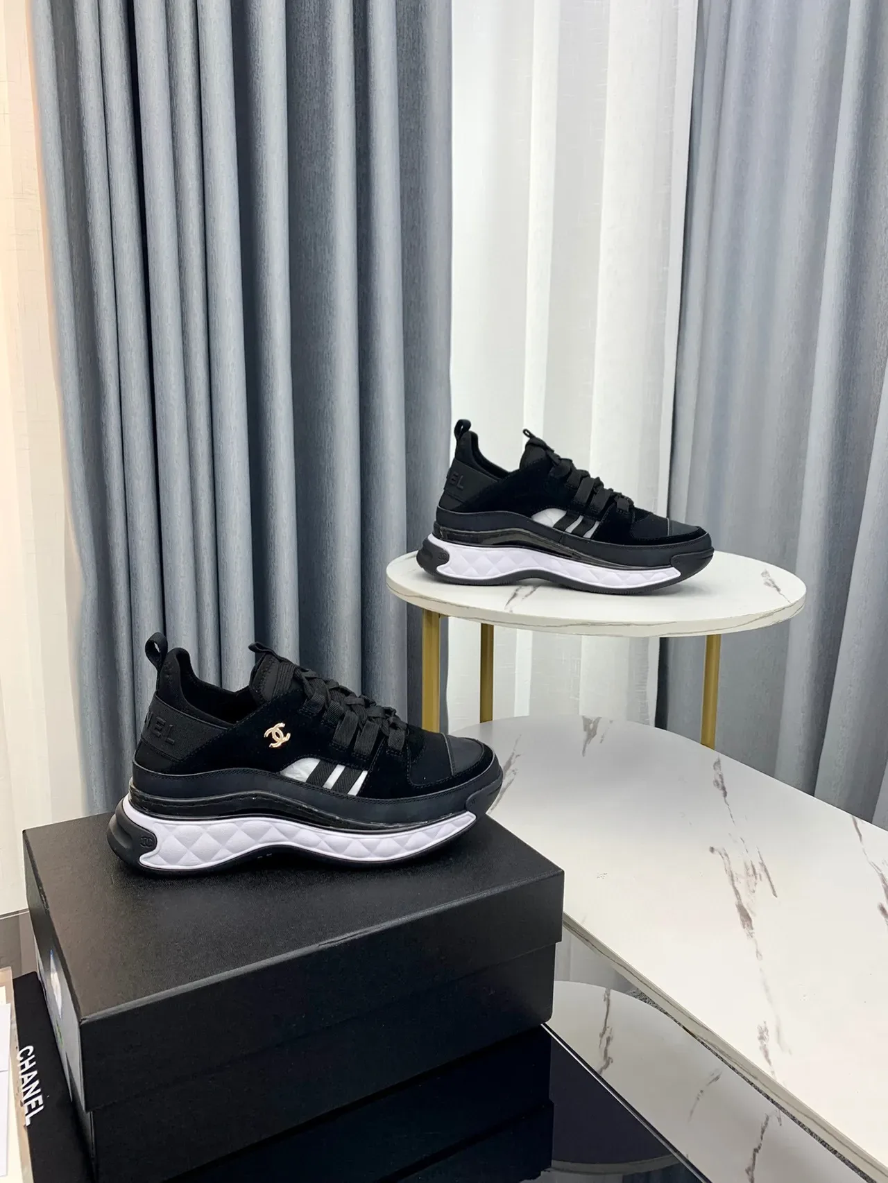 Chanel Black White Quilted Midsole Suede And Mesh Upper Chunky Sneakers 9