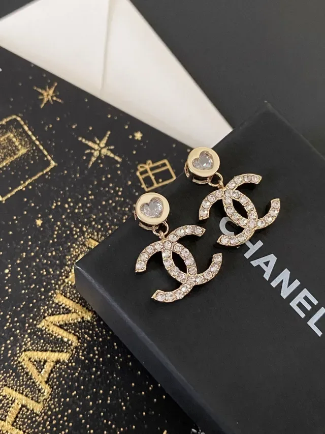 Boucles d'oreilles Chanel CC Cœur Cristal Ton Doré Pendantes 5