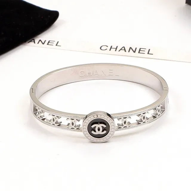 Chanel CC Logo Bangle Gold Silver Hinged Interlocking Medallion Bracelet 3