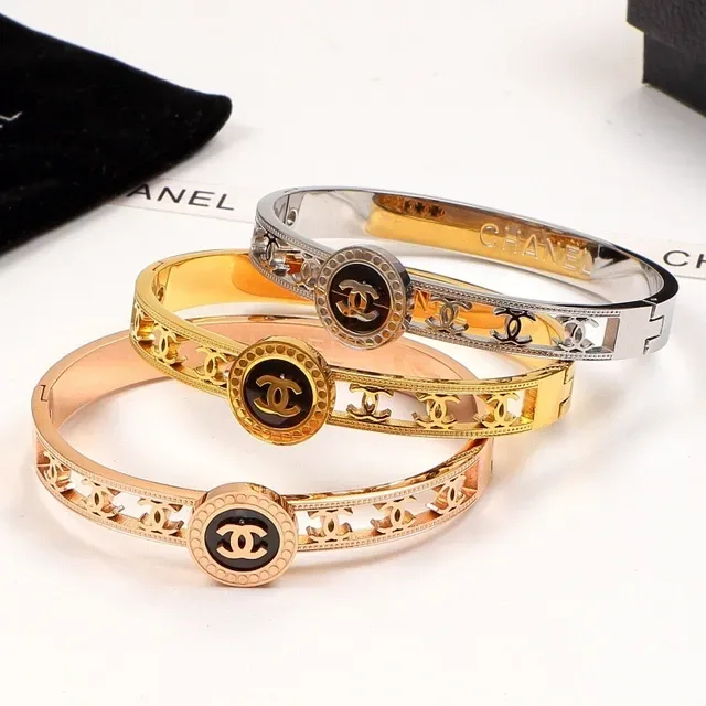 Chanel CC Logo Bangle Gold Silver Hinged Interlocking Medallion Bracelet 6