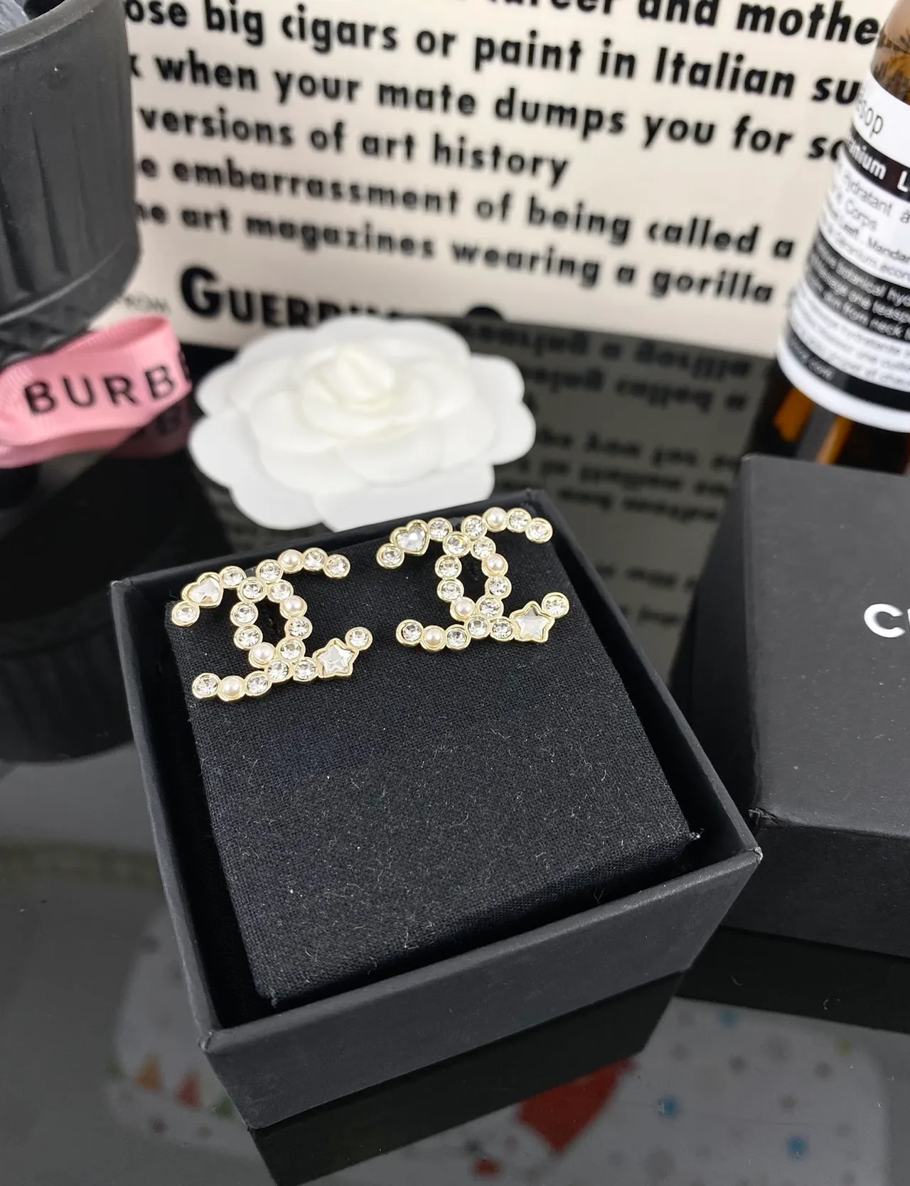 Chanel CC Logo Crystal and Pearl Stud Earrings 10