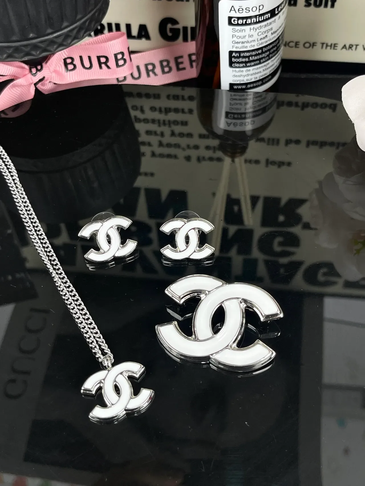 Chanel CC Logo Silver White Enamel-and-Metal Chain-Link Necklace 15