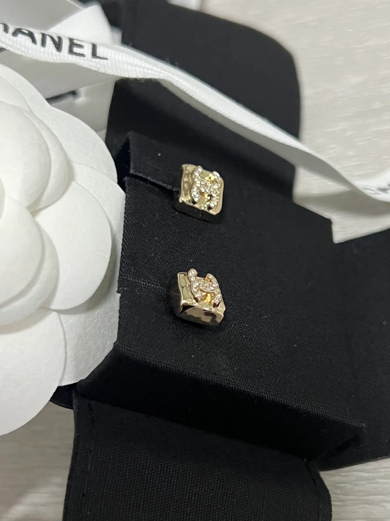 Chanel CC Logo Stud Gold White Square Pavé Crystal Earrings 6