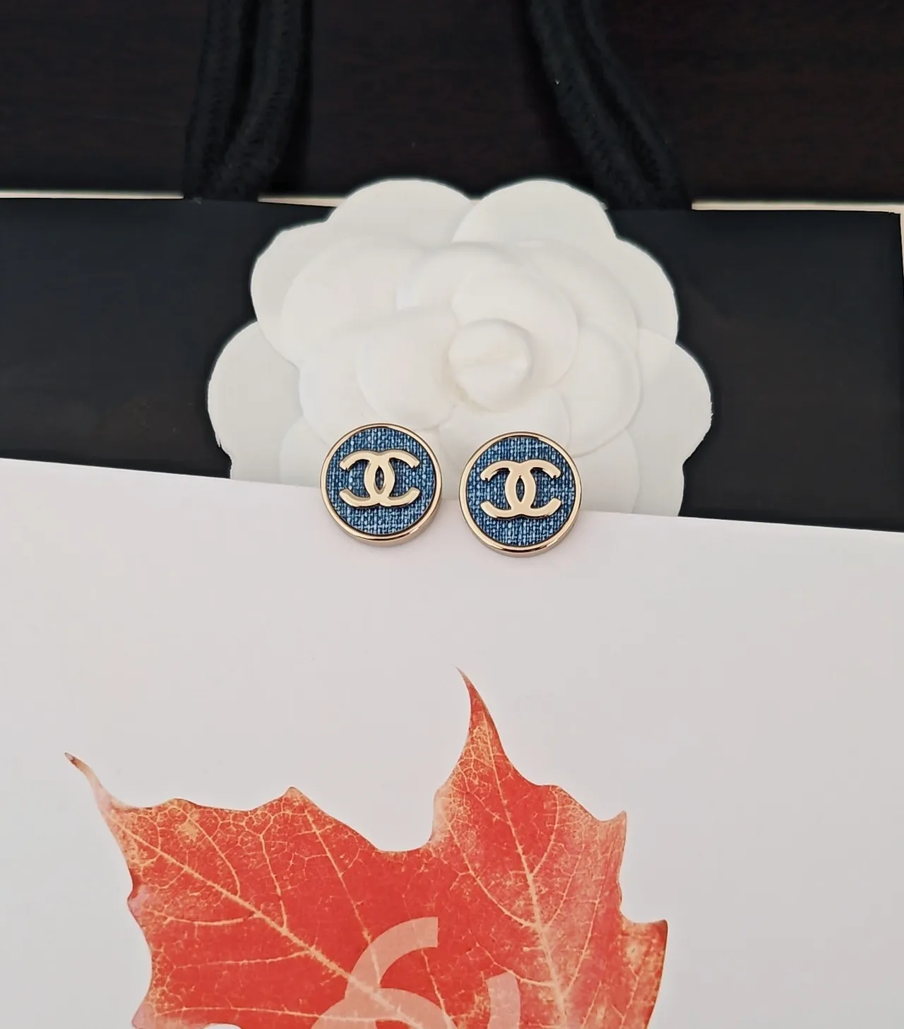 Chanel CC Stud Blue Gold Circular Metal Earrings 4
