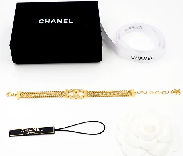 Chanel Classic Double C Crystal Gold-Tone Triple Chain Bracelet 7