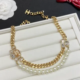 Chanel ذهب أبيض طبقات سلسلة كيرب سلسلة لؤلؤ سلسلة قلادة