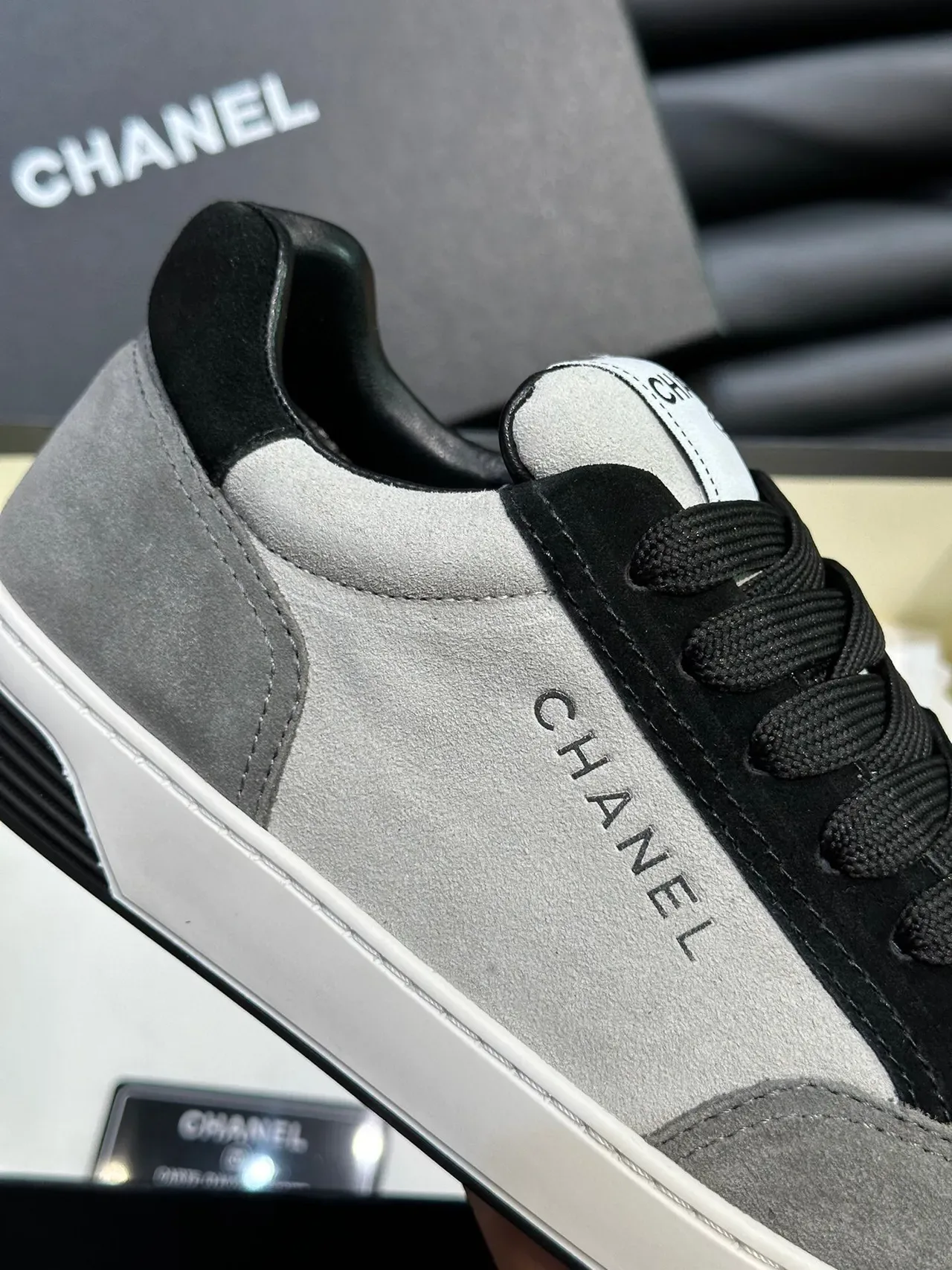 Chanel Gray Black Low-Top Suede-and-Leather Panelled Sneakers 8