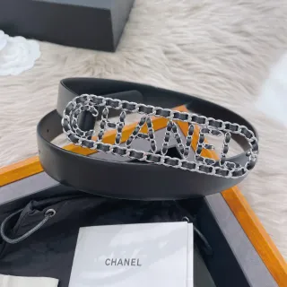 حزام شانيل لوجو سلسلة أسود طوق فضي إبزة جلد