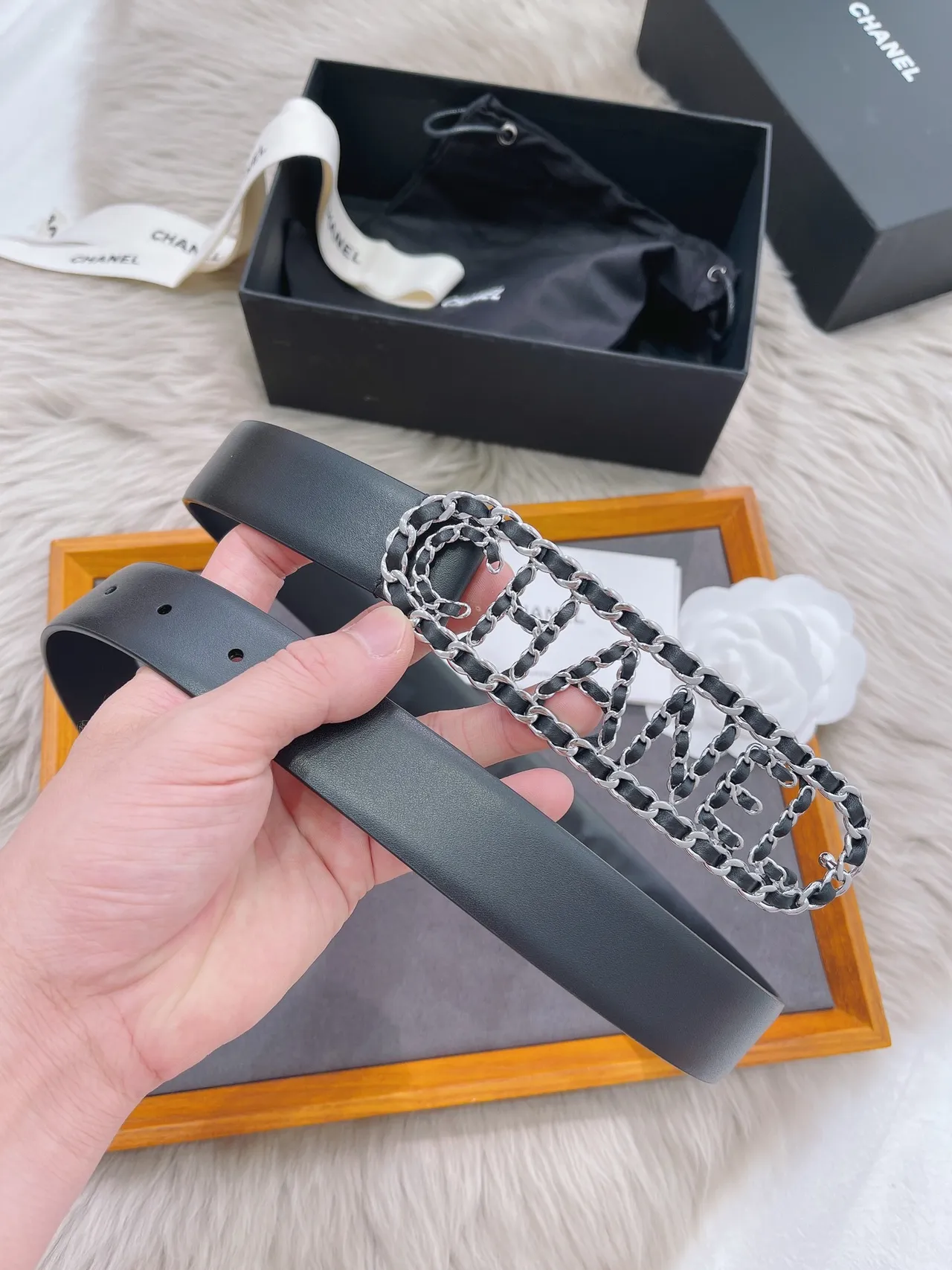 Chanel Logo Chain Belt Black Silver Buckle Strap Leather Belt 2