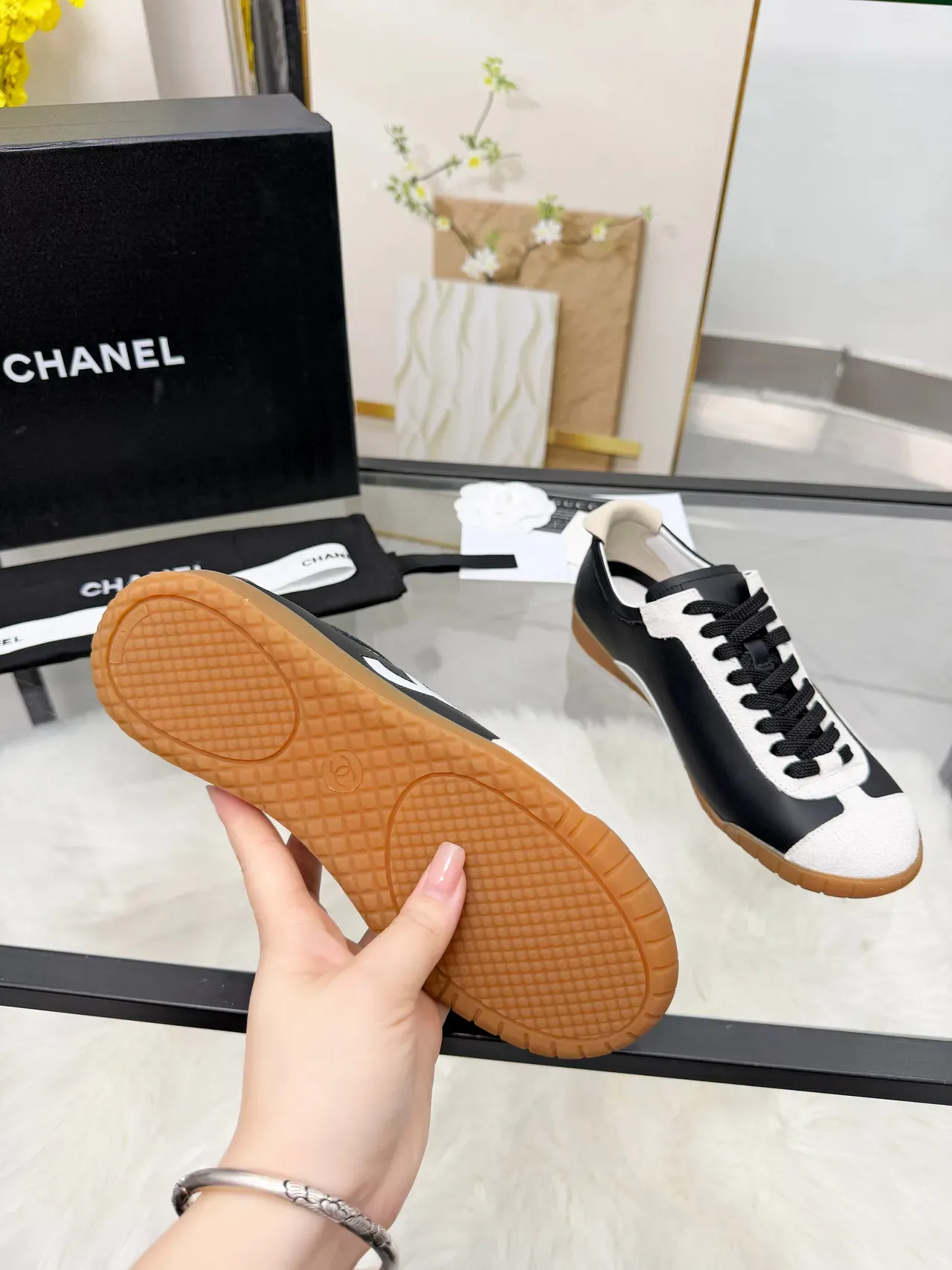 Chanel Logo Sneaker Black and White Suede Lifestyle Sneakers 3