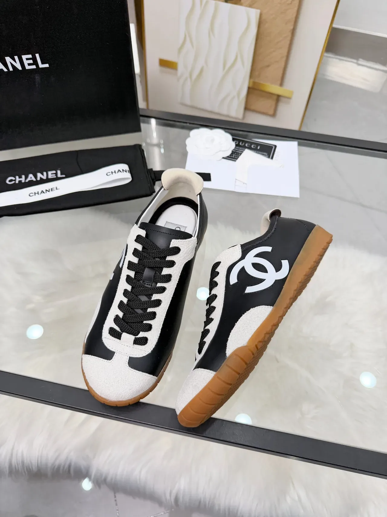 Chanel Logo Sneaker Black and White Suede Lifestyle Sneakers 4