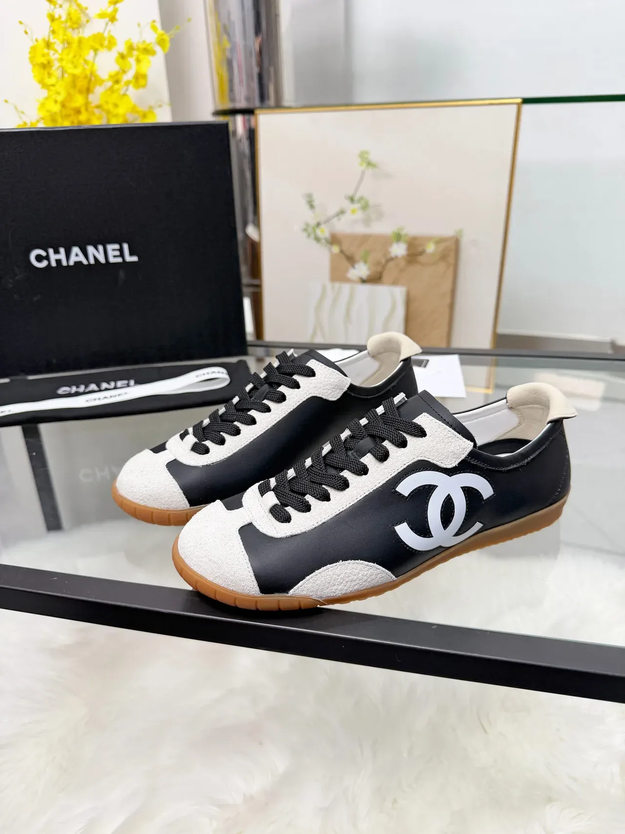 Chanel Logo Sneaker Black and White Suede Lifestyle Sneakers 5